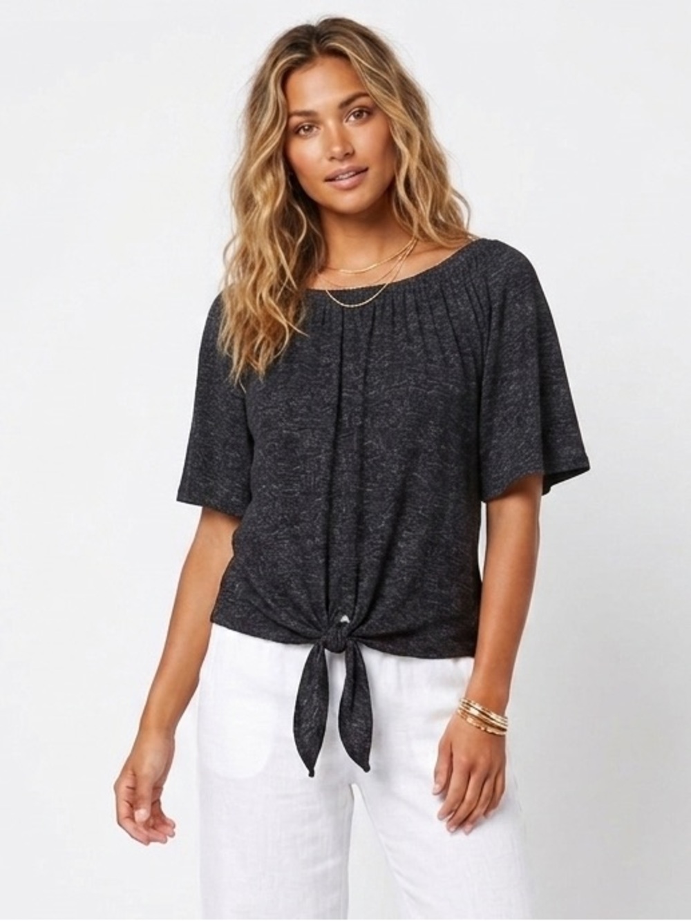 Kim & Cami Heathered Tie Front Lightweight Knit Short Sleeve Sweater
